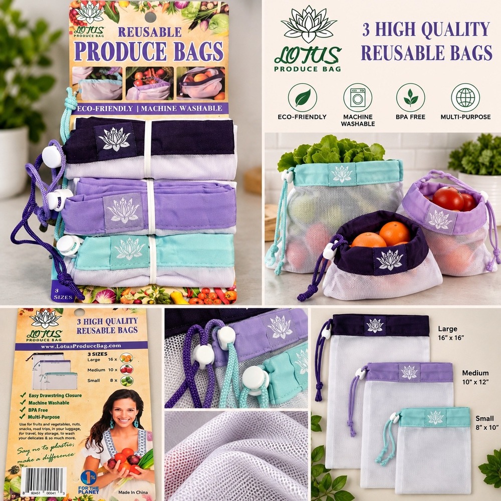Lotus Produce Bags 3 Piece Reusable Mesh Drawstring Set 3 Sizes Washable